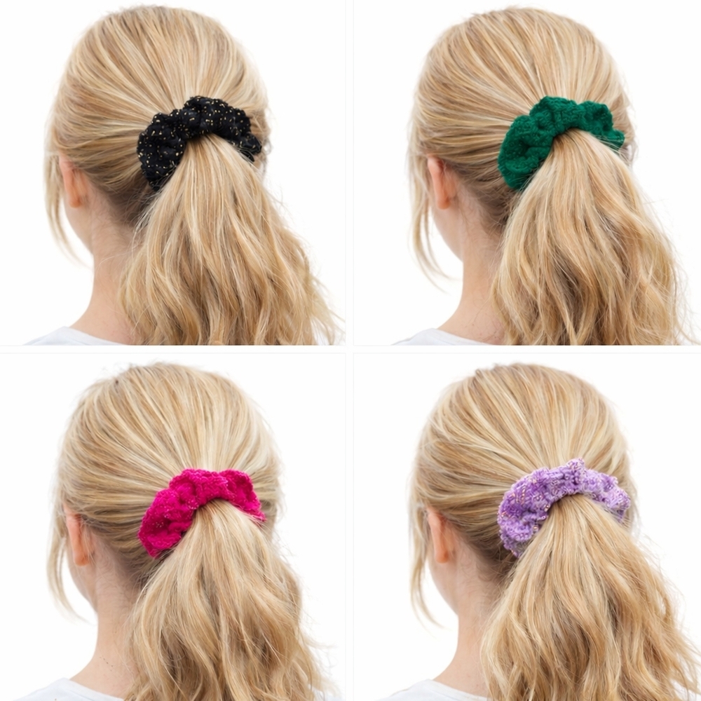 Handmade Textured Crocheted Scrunchies Ponytail Holder Hair Tie Set Of 4 - New